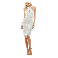 Womens Ivory Zippered Lace Keyhole Lined Pullover Crossover Floral Sleeveless Halter Above The Knee Party Body Con Dress Juniors 15