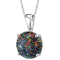 PEORA 14K White Gold Created Black Fire Opal Pendant for Women, Classic Solitaire, 1 Carat Round Shape 8mm, AAA Grade