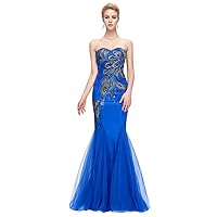Women's Peacock Long Strapless Embroidery Prom Dress