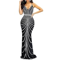 Womens Sexy Spaghetti Strap Sleeveless V Neck Rhinestones Bodycon Party Clubwear Prom Long Dress