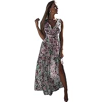 Women's Casual Dresses Sleeveless Loose Wrap V Neck Floral Print Bohemian Fashion Swing A-Line Pleated Hem Midi Dress