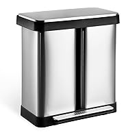 16 Gallon Dual Trash Can, Two Compartment Trash Can, Trash Can with Recycling Bin Combo, Double Garbage Cans for Kitchen, 2 X 8 Gallons, Stainless Steel