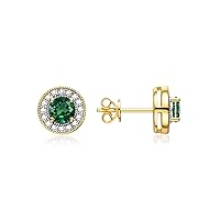 Yellow Gold Plated Silver Halo Stud Earrings - 4MM Round Gemstone & Diamonds - Exquisite Birthstone Jewelry for Women & Girls