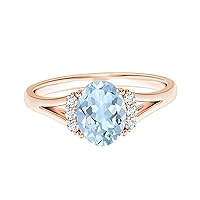 Oval Shape Aquamarine With Round Simulated Diamond Solitaire Ring 9K Gold