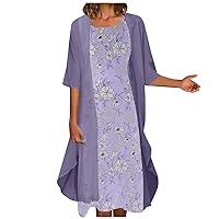 Spring Dresses for Women, Women's Casual Fashion Print O/Neck Medium Long Length Two Piece Set Dress