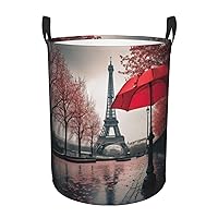 Eiffel Tower with Red Umbrella Round waterproof laundry basket,foldable storage basket,laundry Hampers with handle,suitable toy storage