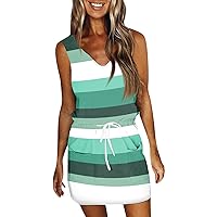 Ladies Dresses Casual Sundresses for Women 2024 Striped Print Casual Fashion Slim Fit with Waistband Short Sleeve V Neck Summer Dress Cyan X-Large