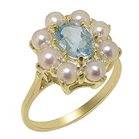10k Yellow Gold Natural Aquamarine & Cultured Pearl Womens Cluster Ring - Sizes 4 to 12 Available