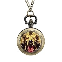 Angry Ferocious Bear Pocket Watch Roman Numerals Scale Quartz Pocket Watches with Chain for Xmas Gifts