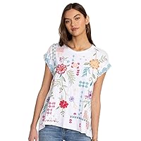Johnny Was Katie Relaxed Drape Tee Shirt Short Sleeve White Top Embroidered New