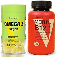 Vegan Omega-3 + Vitamin B12 Gummy | Algae Omega-3 DHA Supplements for Brain, Heart Eyes Health | Methyl B12 1000 mcg & Vitamin D 5000 IU for Energy and Immune Support - 90 Count