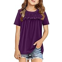 Girls Shirts Casual Short Sleeve Tops Round Neck Ruffle Flowy Tunic Blouses 5-14 Years