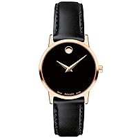 MOVADO Swiss Museum Classic Black Dial Women's Rose Gold PVD Slim Leather Watch