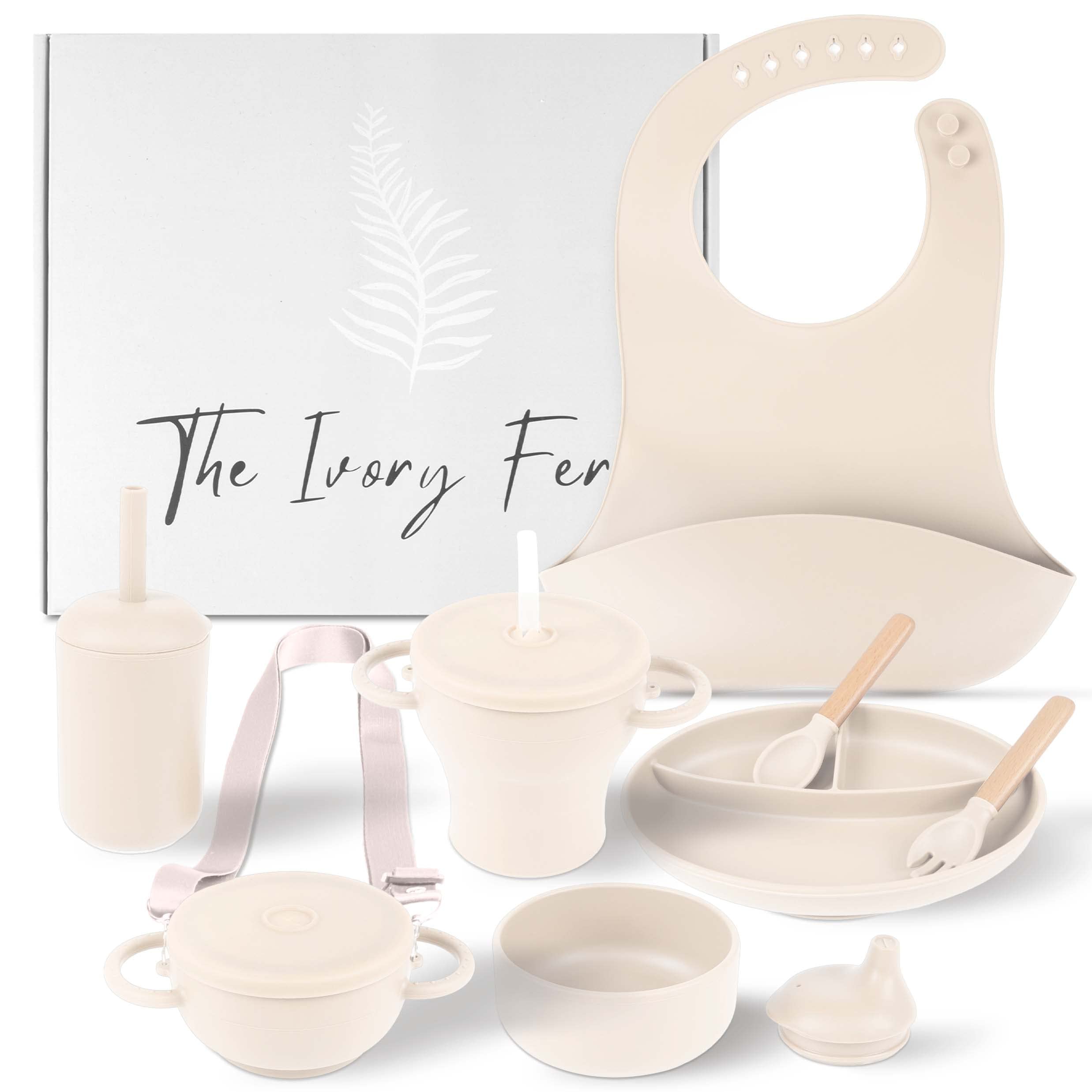 The Ivory Fern Silicone Baby Feeding Set,Baby Plates and Bowls Set, Bib, Convertible Drinking, Snack Cups, Feeding supplies