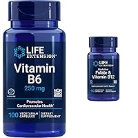 Life Extension Vitamin B6 250 mg, 100 Vegetarian Capsules & Folate & Vitamin B12, Vegetarian Capsules, White, 90 Count