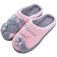 Rojeam Ladies Cute Cat Animal Plush Slip On Winter Warm Bedroom Shoes Non Slip House Slippers for Women Men