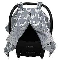 Dear Baby Gear Antler on Gray Bundle: Baby Car Seat Canopy and Baby Blankets - Gray Minky and Antler Design for Boys and Girls - Snap Opening, Double Layered, Lightweight Carseat Cover and Crib Quilt