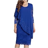 Wedding Guest Dresses for Women Plus Size 3/4 Sleeve Midi Layer Lace Dress Modest Formal Cocktail Party Pencil Dress