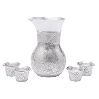 999 Sterling Silver Sake Set, Hibiscus Embroidered Pattern Sake Cup Wine Decanter, 5 piece set
