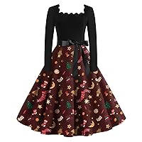 Womens Christmas Dress,Women's 1950s Retro Rockabilly Dress Long Sleeve Vintage Swing Dress with Belt