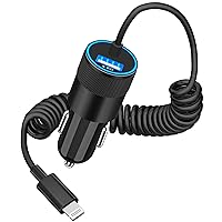 [Apple MFi Certified] iPhone Charger Fast Car Charging, BARMASO 66W USB-C PD&QC3.0 Power Rapid Car Charger + Built-in 6FT Lightning Coiled Cord Quick Charging for iPhone 14 13 12 11 Pro/XS/XR/X 8/iPad