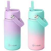 Fimibuke Kids Insulated Water Bottle - 14oz BPA-FREE 18/8 Stainless Steel Travel Tumbler Leak Proof Double Wall Vacuum Kid Cup with Straw Metal Water Bottle for School Boys Girls（2 Pack, Candy/Bubble）