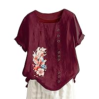 Linen Shirt Women, Womens Short Sleeve Summer Blouses Round Neck Boho Blouse Button Down T Shirt Floral Print Top