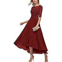 Women's Lace Applique Chiffon Mother of The Bride Dress for Wedding Half Sleeves Formal Evening Gowns Burgundy US20W