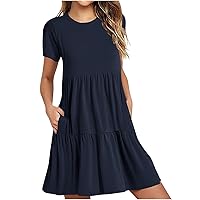 Summer T-Shirt Dress for Women Short Sleeve with Pocket Casual Tunic Dress Ruffle Pleated Swing Sundress Casual Sundresses