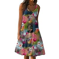Women Summer Dresses Flowy Tank Dress Sleeveless Beach Dress Pleated Casual Mini Babydoll Dresses Print Sundresses