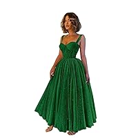 WPPUPP Women's Shinny Prom Dress Tulle Spaghetti Straps Sweetheart Drawstring Ankle Length Puffy Formal Evening Cocktail Gown