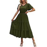 LILLUSORY Womens Smocked Modest Flowy Tiered Maxi Dresses 2023 Summer Casual Short Flutter Sleeve Long Dress