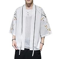Men's Embroidery Chinese Kimono Jacket Open Front 3/4 Sleeve Cardigan