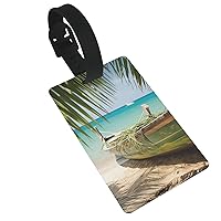 Seaside Boat Coconut Leaves Print Luggage Tags for Suitcases Travel Tags Cute Unique Suitcase Tags Baggage Tag Suitcase Identify Labels for Women Men