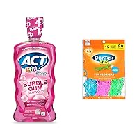 ACT Kids Anticavity Fluoride Rinse for Bad Breath Treatment, Bubble Gum Blowout, 16.9 fl. oz. & DenTek Kids Fun Flossers, Wild Fruit, 90 Count