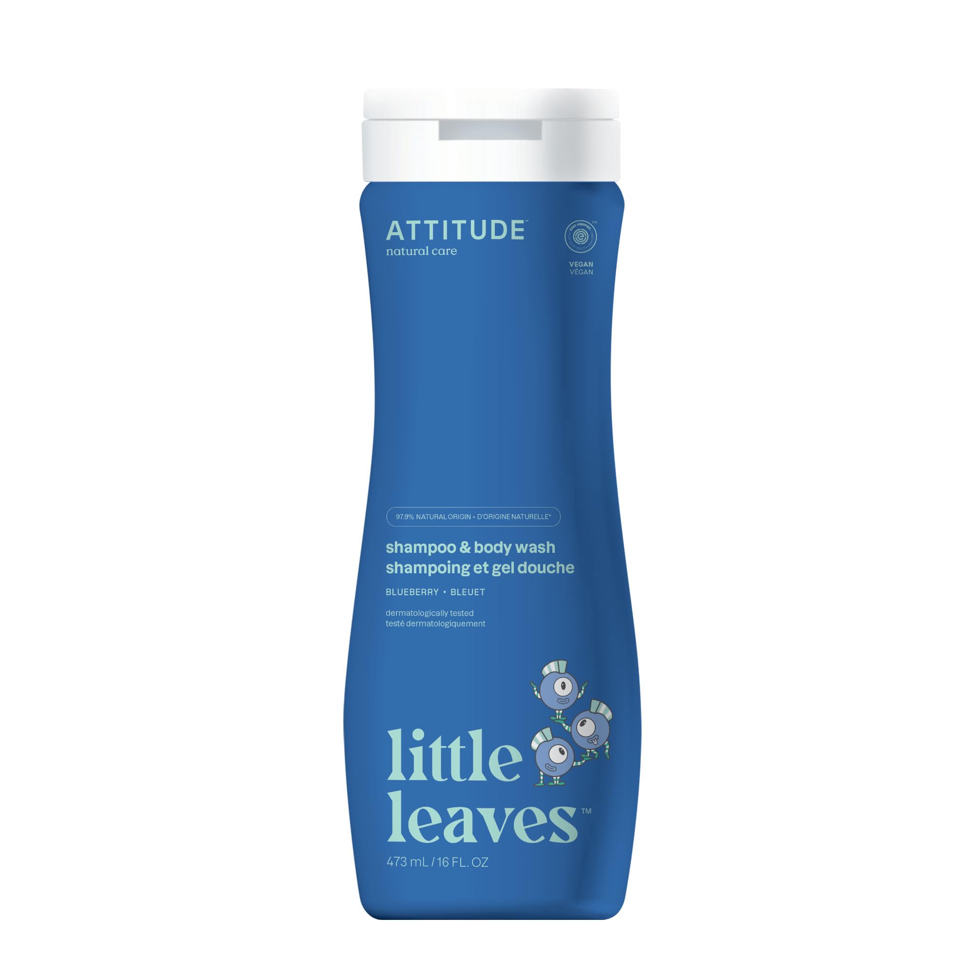 ATTITUDE Shampoo and Body Wash for Kids, EWG Verified, Plant- and Mineral-Based Ingredients, Hypoallergenic Vegan and Cruelty-Free, Blueberry, 16 Fl Oz (11016)