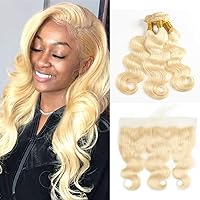 613 Blonde Human Hair 3 Bundles with Frontal Brazilian Body Wave with Baby Hair Frontal 100% Ear to Ear Virgin Human Hair Weave with Lace Frontal