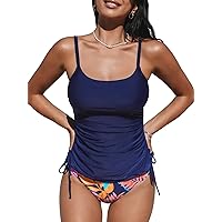 CUPSHE Women's Tankini Sets Two Piece Swimsuits Mid Rise Square Neck Adjustable Straps Ruched Drawstring