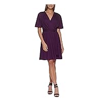 DKNY Womens Purple Stretch Zippered Belted Lined Short Sleeve Surplice Neckline Above The Knee Wear to Work Sheath Dress 6