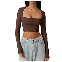 Women's Long Sleeve Square Neck T Shirt 2024 Summer Y2K Sexy Navel Slim Ribbed Knit Basic Casual Tee Tops