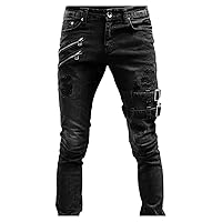 Men's Ripped Biker Zipper Deco Jeans Punk Gothic Skinny Stretchy Denim Pants Hip Hop Moto Washed Holes Jean