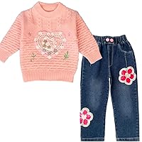 Peacolate 18M-10Y Spring Fall Winter Clothing Set Little&Big Girl Knit Turtleneck Pullover Sweater and Embroider Jeans(Pink Sequin Flower,5Years)