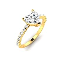 REAL-GEMS Classic Wedding Ring Yellow Gold 14k 1. CARAT Heart Shape Solitaire with Accents Diamond G VS1 Lab Created Sizable