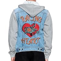 Racing Love Men's Denim Jacket with Fleece Hoodie - Heart Jacket With Fleece Hoodie - Graphic Art Jacket for Men