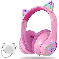LOBKIN Bluetooth 5.3 Kids Headphones with Case - RGB LED Light Up Cat Ears Foldable Adjustable Over Ear Headphone Support Wireless or 3.5mm Wired Mode for Toddler & Girls & Boys Teens