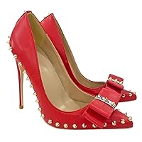 Womens red Slip on Pumps Sexy Pointed Toe High Heels Bowknot Stilettos Rivets Studded Patent Leather Shoes 12cm/4.7inch