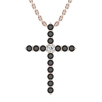 14k Rose Gold timeless cross pendant set with 15 charismatic black diamonds (1/4ct, I1 Clarity) encompassing 1 round white diamond, (.025ct, H-I Color, I1 Clarity), hanging on a 18