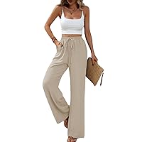 GTEUKTG Summer Women's Casual Palazzo Pants Elastic High Waisted Trendy Flowy Wide Leg Beach Trousers with Pockets