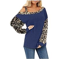 Tshirts For Women Fashion One Shoulder Leopard Splicing Long Sleeve Tunic Blouses Casual Skew Collar Pullover Tops