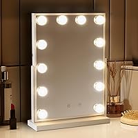 Vanity Mirror with Lights, Lighted Hollywood Makeup Mirror w/ 12 LED Bulbs 3 Lighting Modes, 16”x12” Large Mirror for Desk & Wall, Adjustable Brightness, 360°Rotation, White